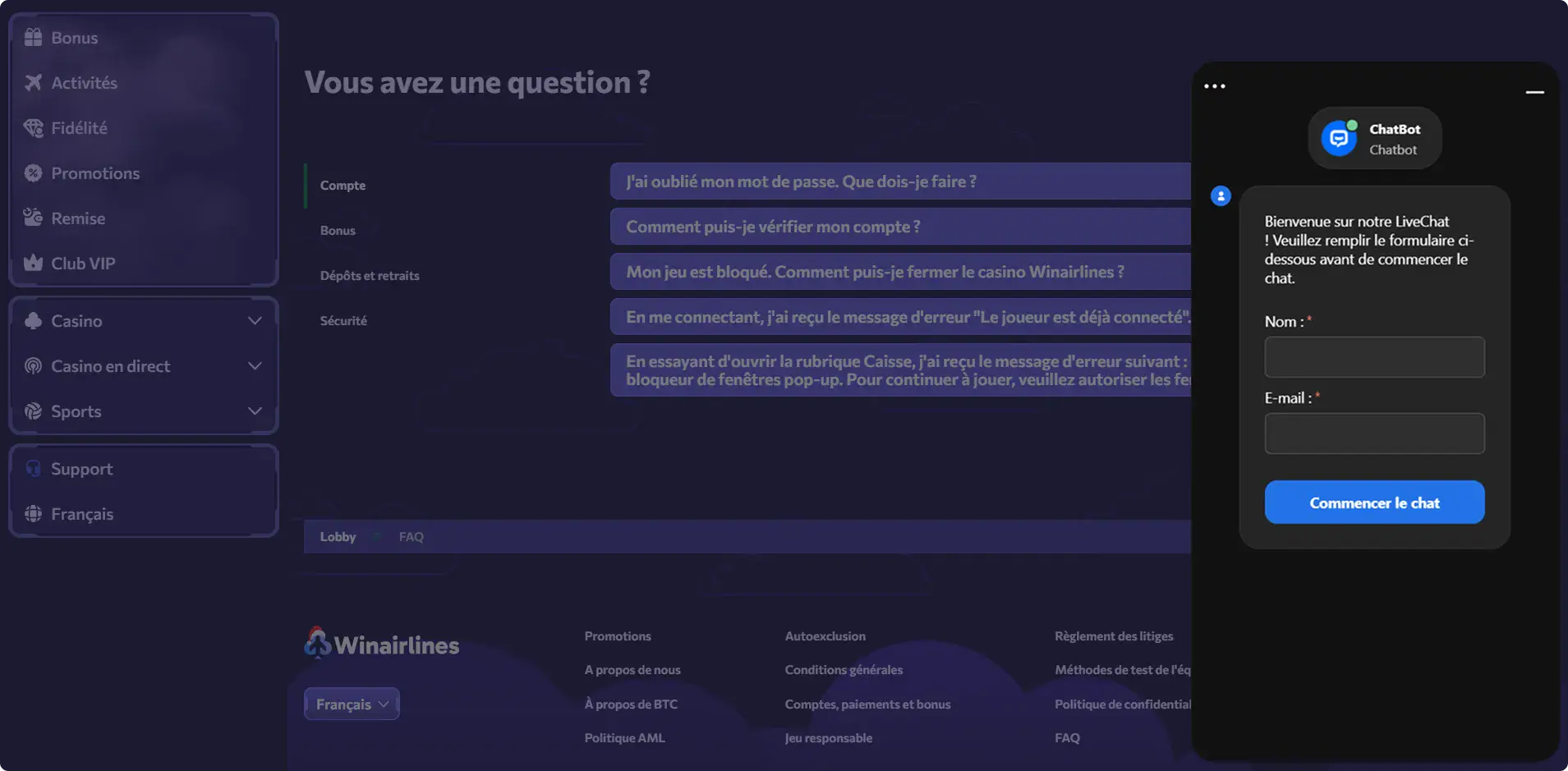 winairlines casino mobile live chat interface